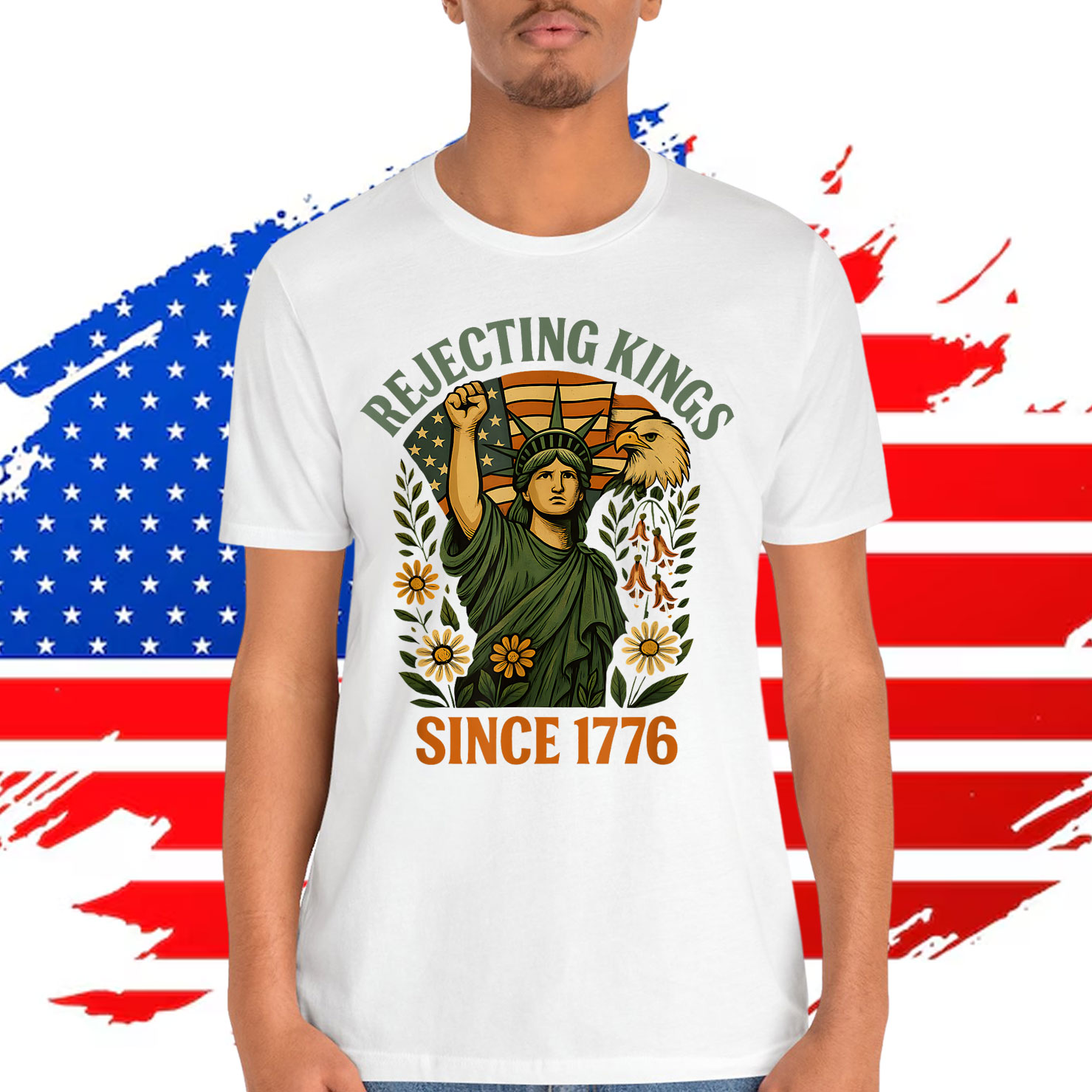 Kings 1776 Foxglove Daisy Tulip Flowers Bald Eagle T-Shirt