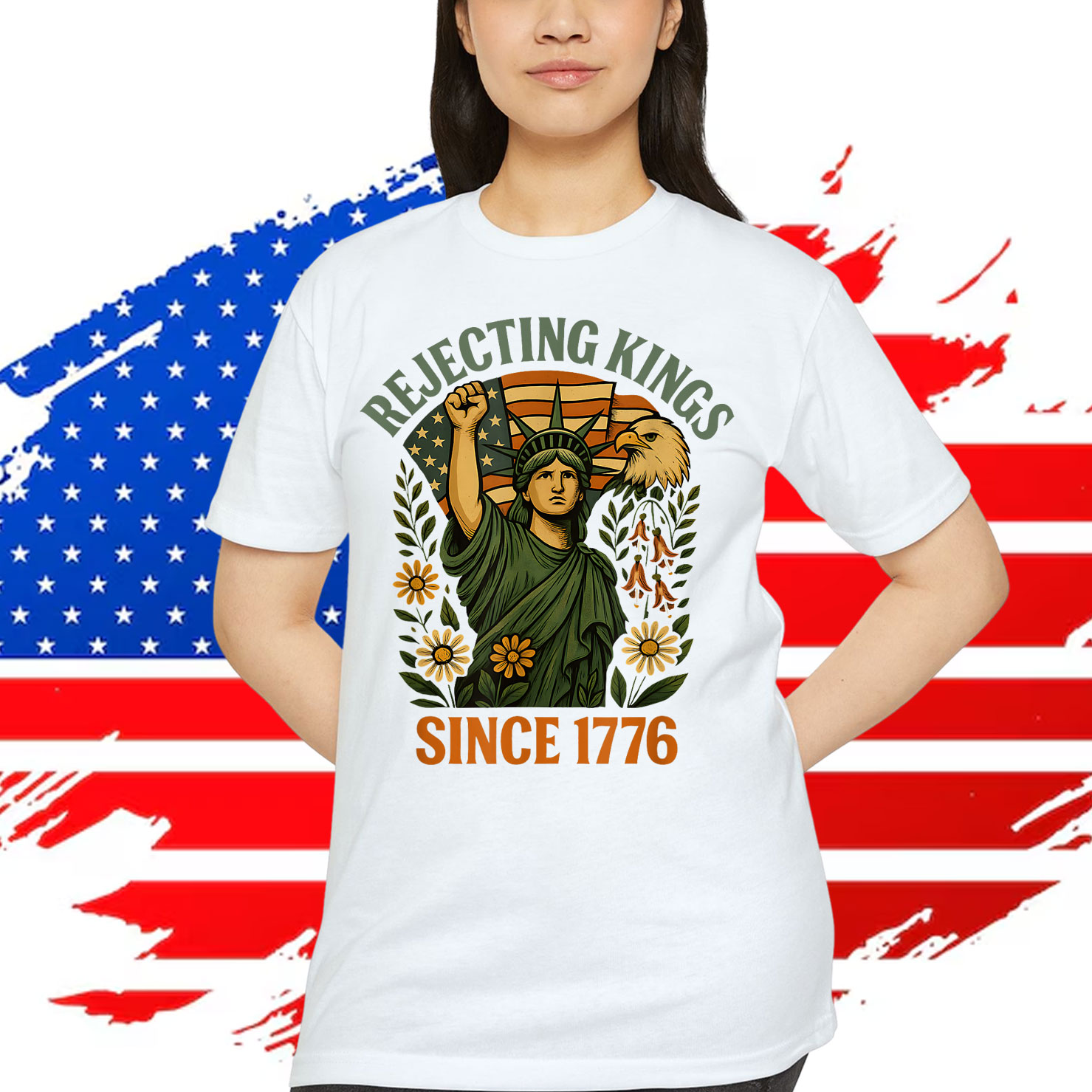 Kings 1776 Foxglove Daisy Tulip Flowers Bald Eagle T-Shirt