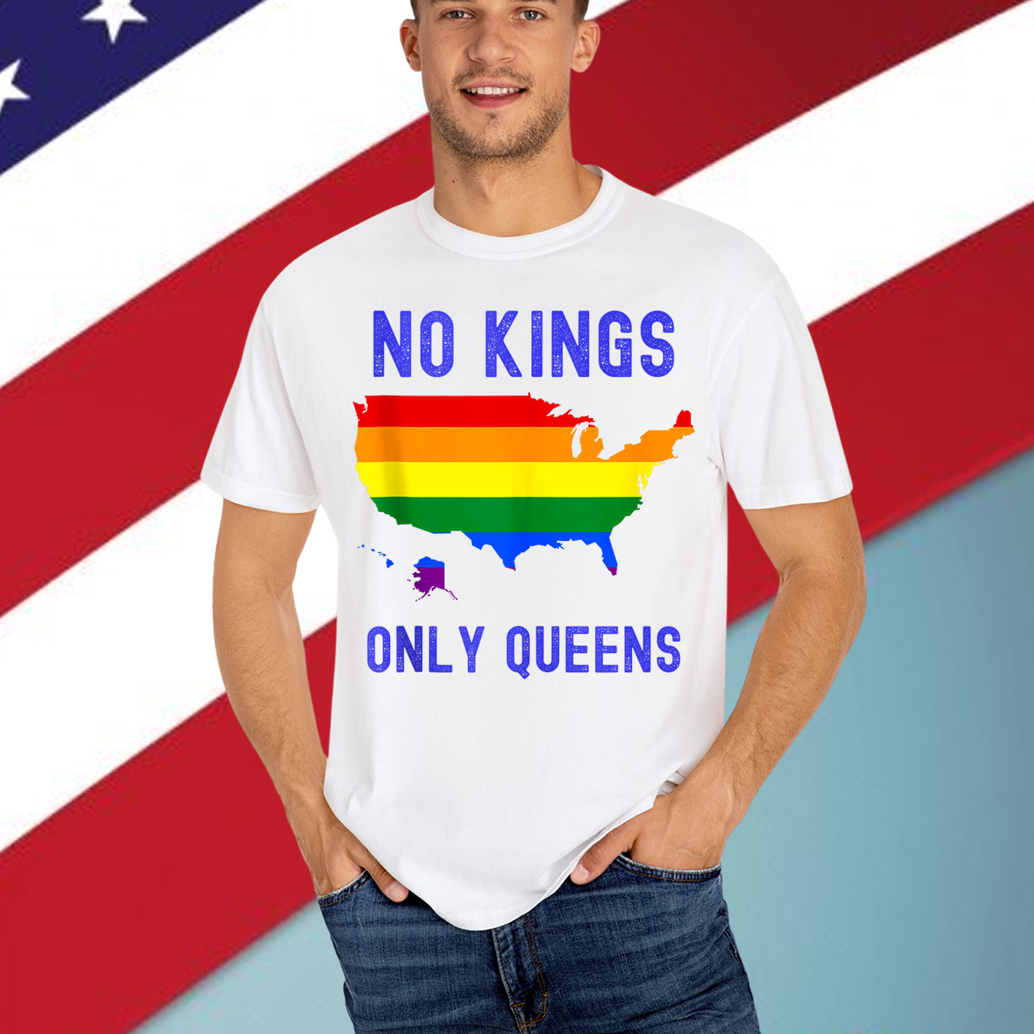 No Kings Only Queens USA Pride Rainbow Quote Slogan Shirt