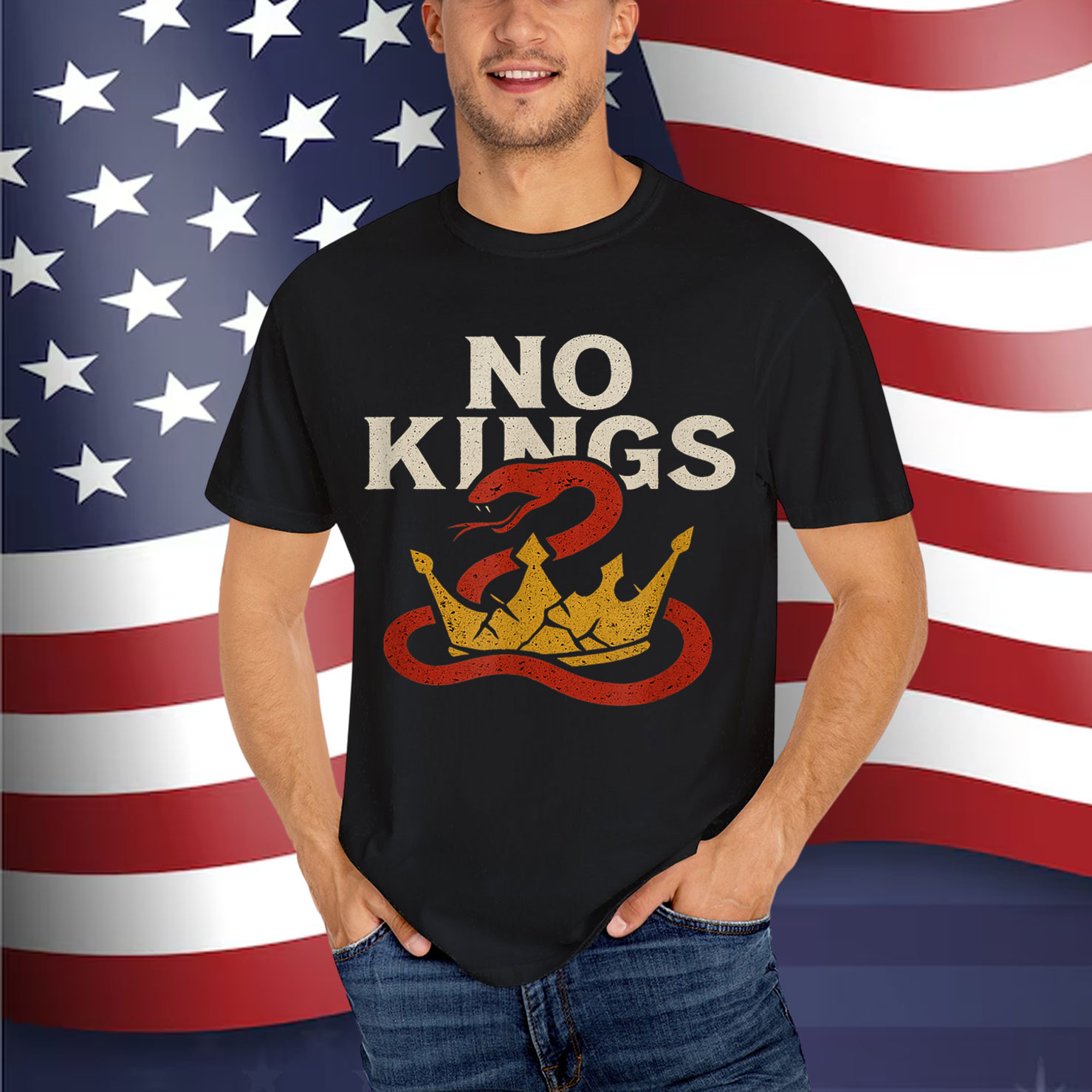 No Kings Snake Crown Graphic Bold Symbolic Design Shirt
