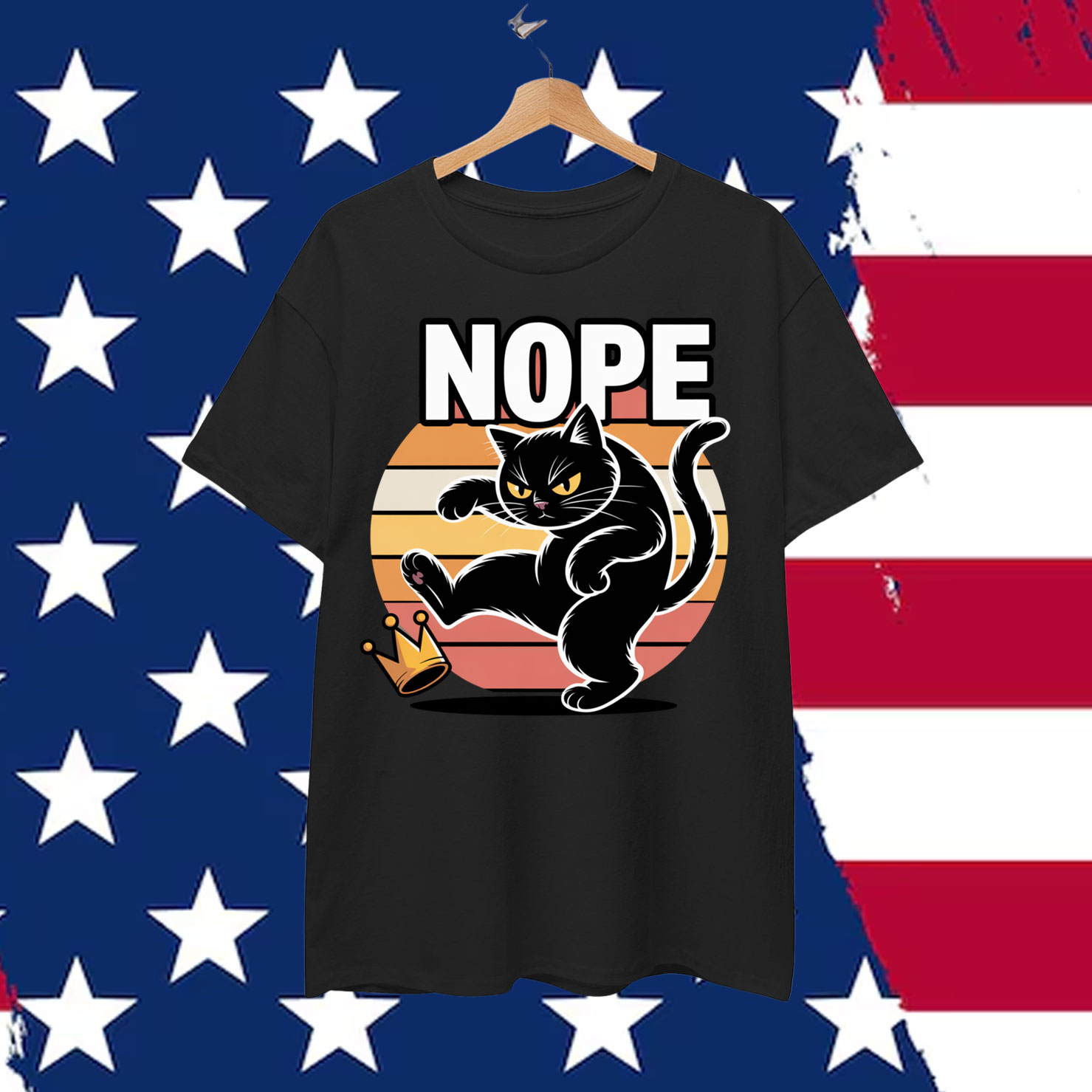 Nope Cat Kicking Crown Funny Kings America Shirt