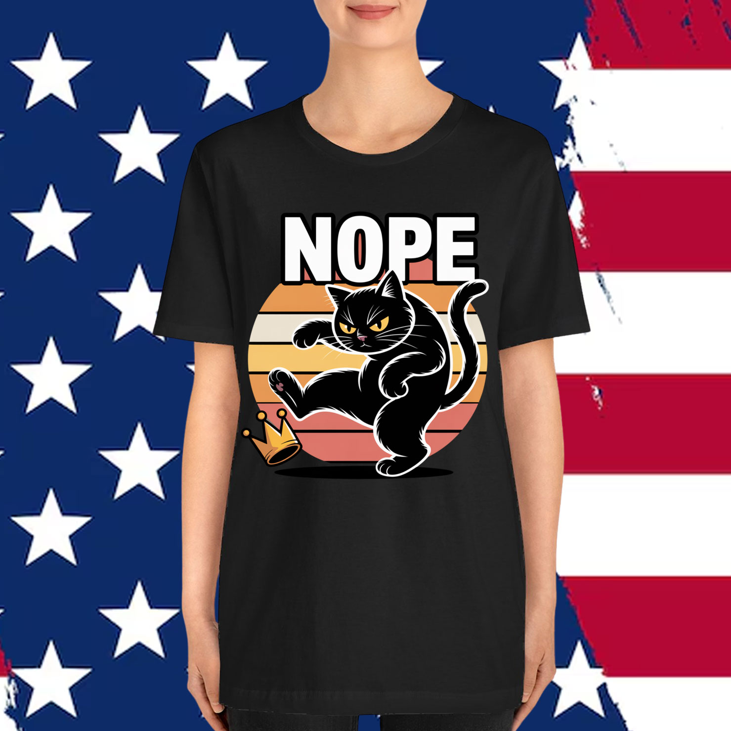 Nope Cat Kicking Crown Funny Kings America Shirt