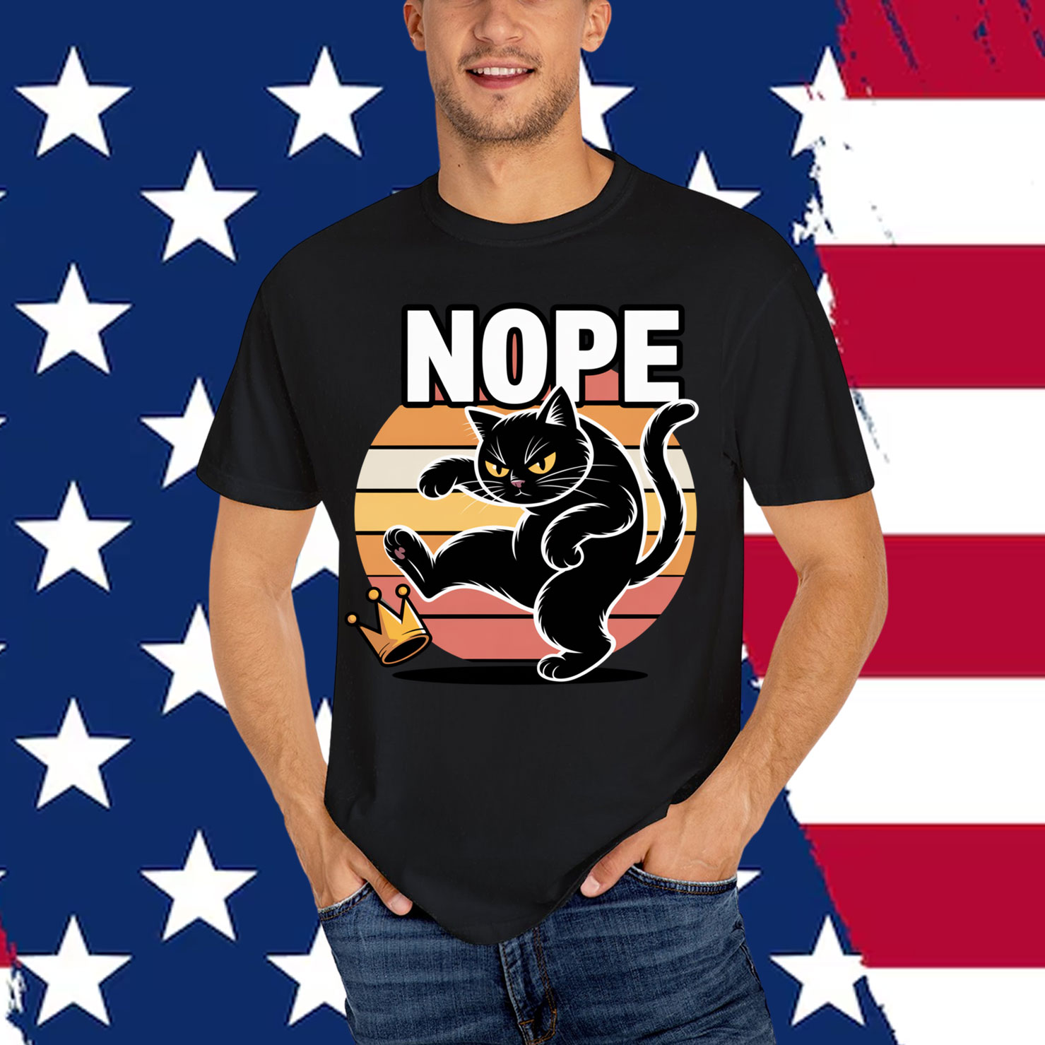 Nope Cat Kicking Crown Funny Kings America Shirt