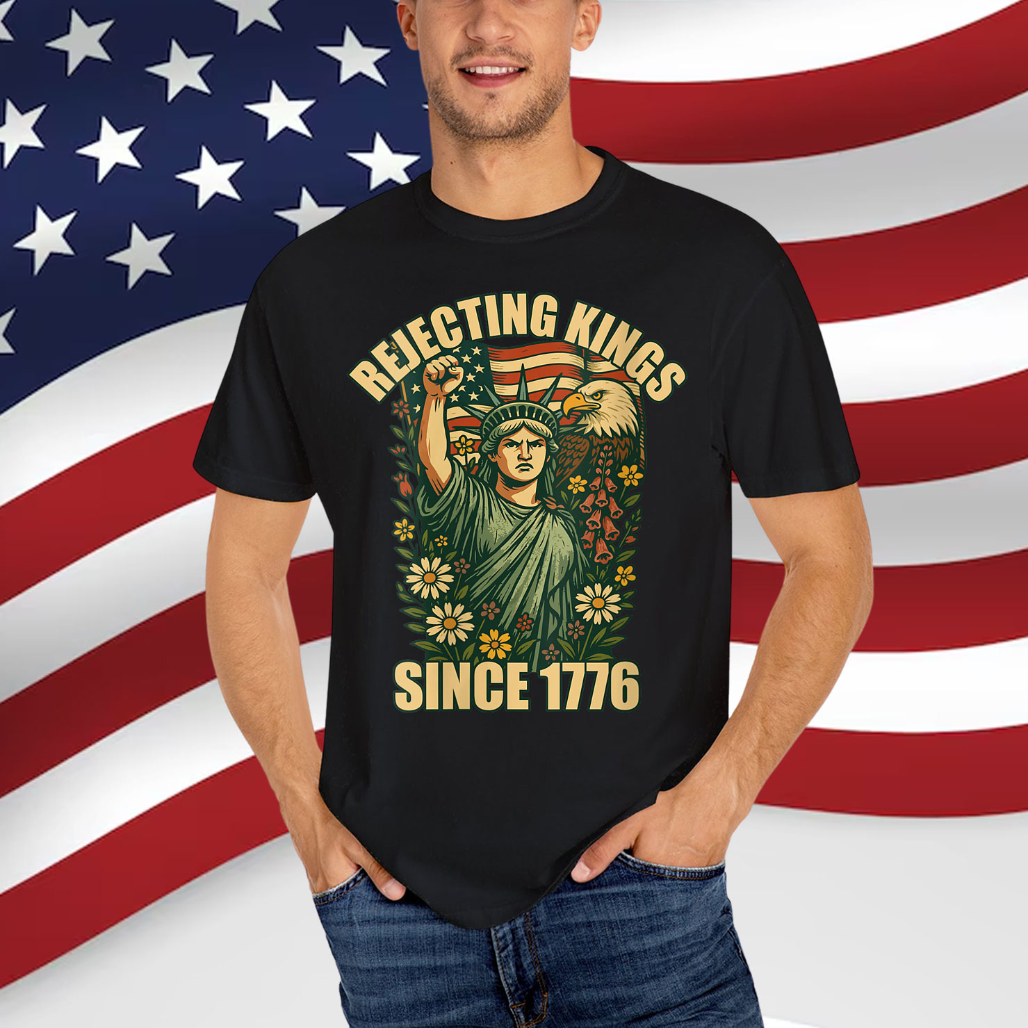 Rejecting Kings 1776 Foxglove Daisy Tulip Flowers Bald Eagle Shirt
