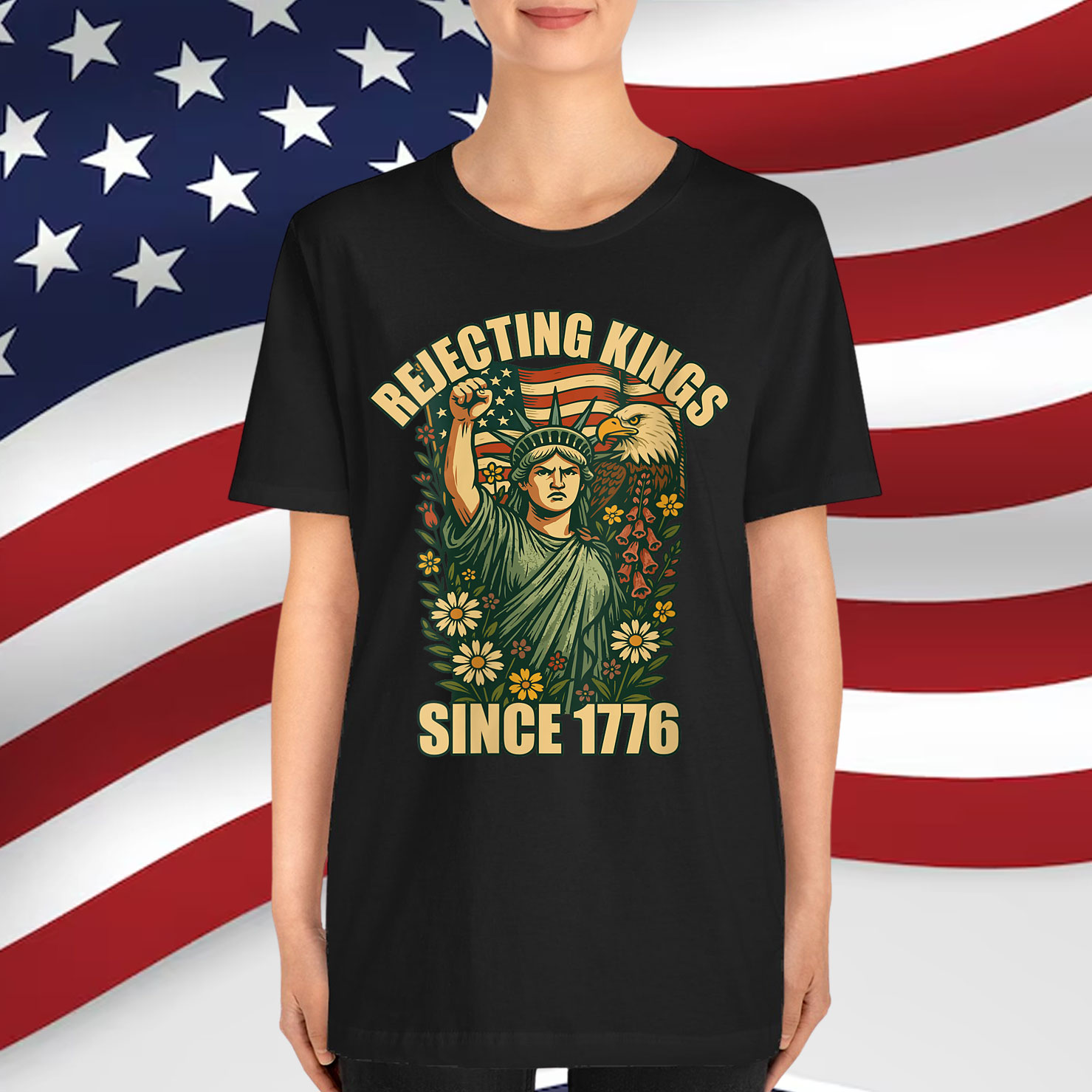 Rejecting Kings 1776 Foxglove Daisy Tulip Flowers Bald Eagle Shirt
