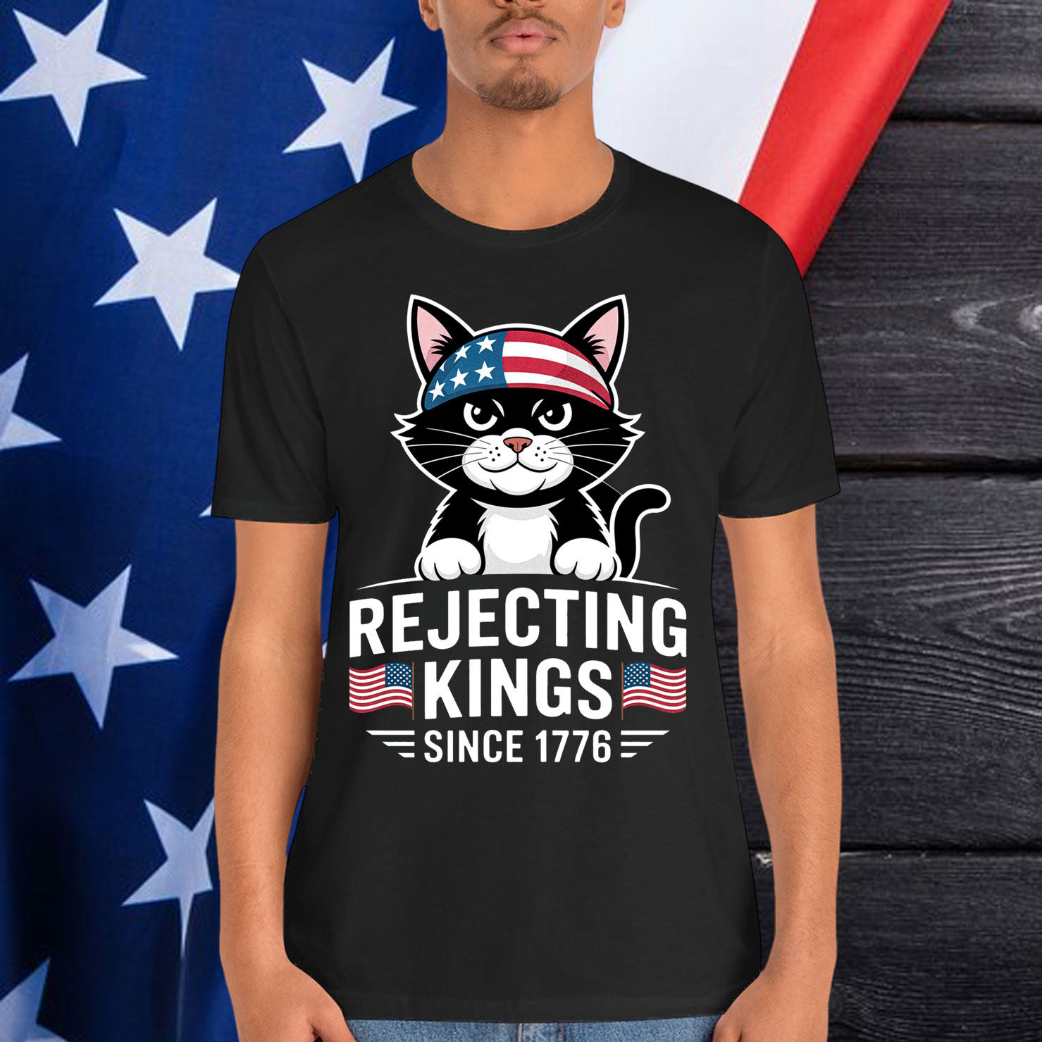 Rejecting Kings Since 1776 Patriotic USA Black Cat T-Shirt