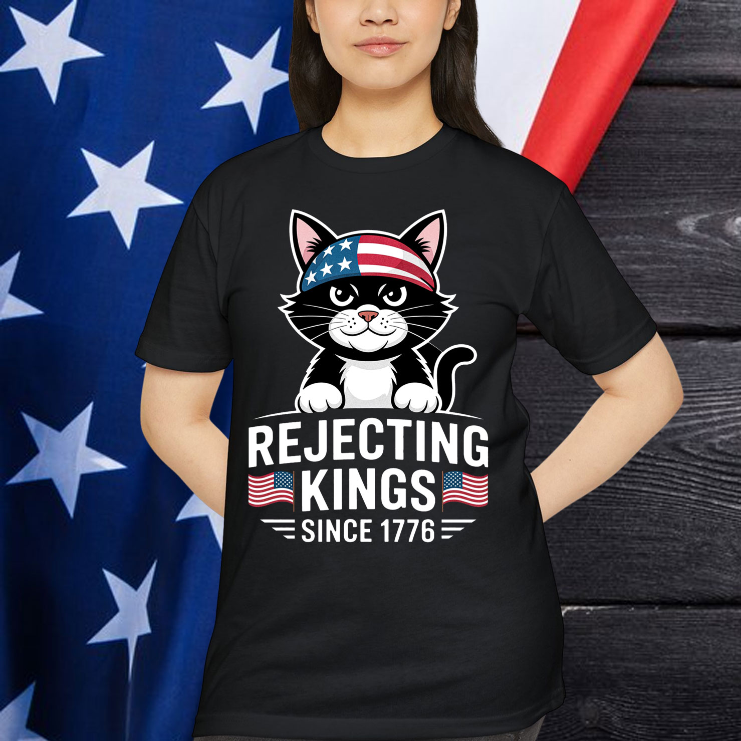 Rejecting Kings Since 1776 Patriotic USA Black Cat T-Shirt