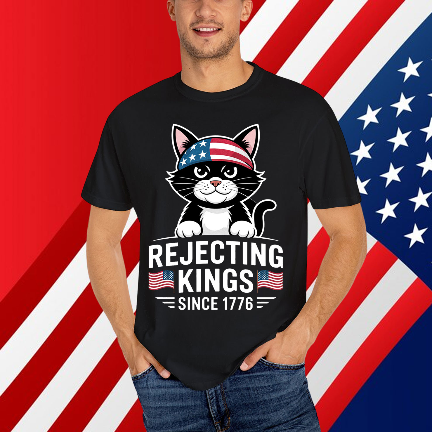 Rejecting Kings Since 1776 Patriotic USA Black Cat Shirt