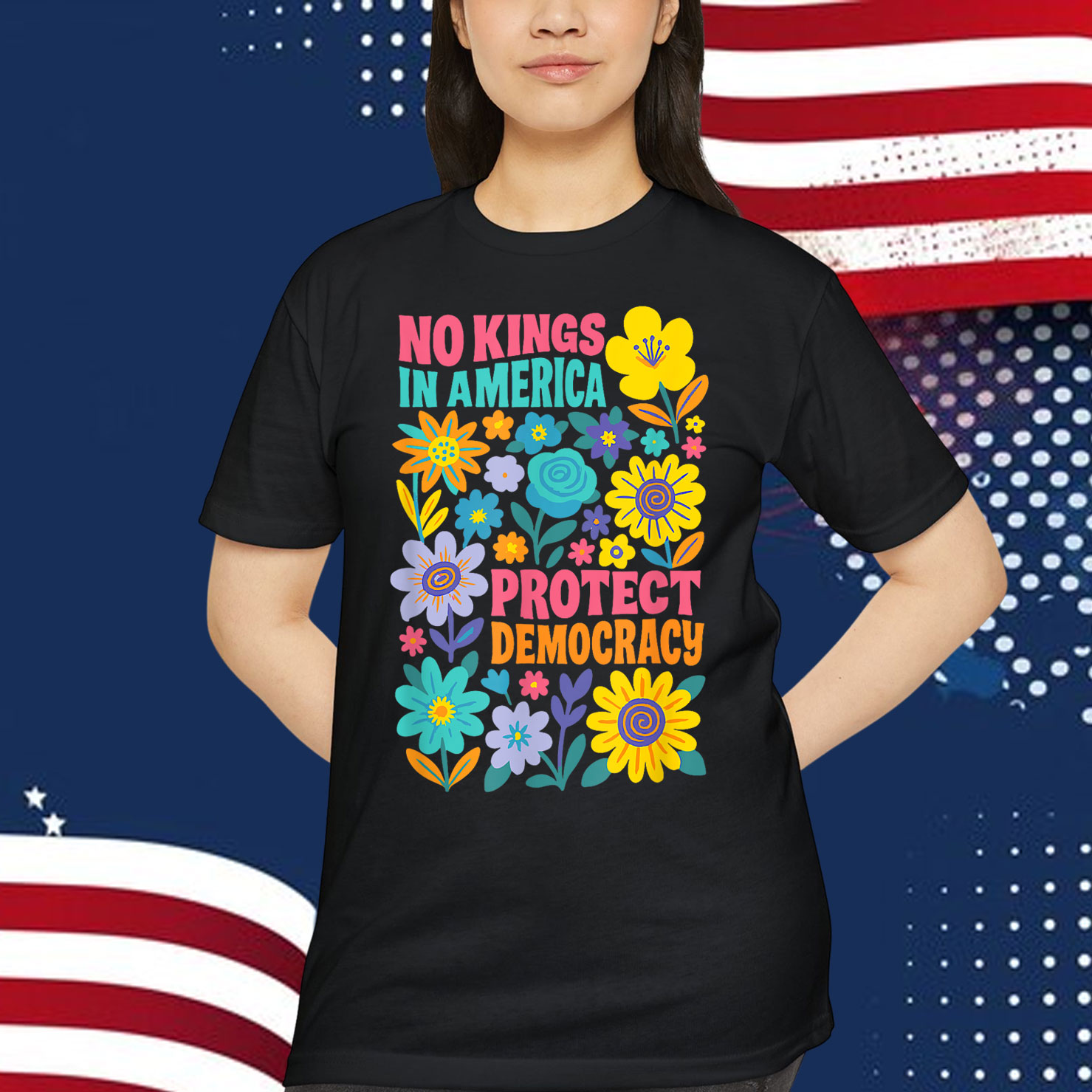 Retro Floral 70s No King In America Democracy Rejecting King T-Shirt