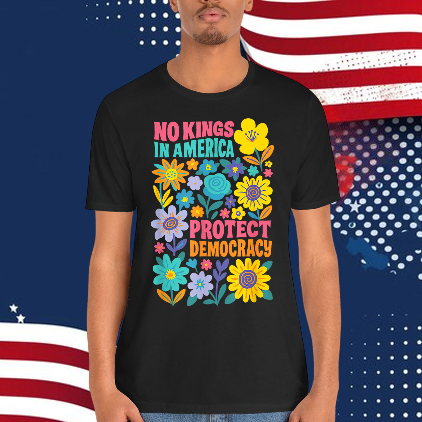 Retro Floral 70s No King In America Democracy Rejecting King T-Shirt