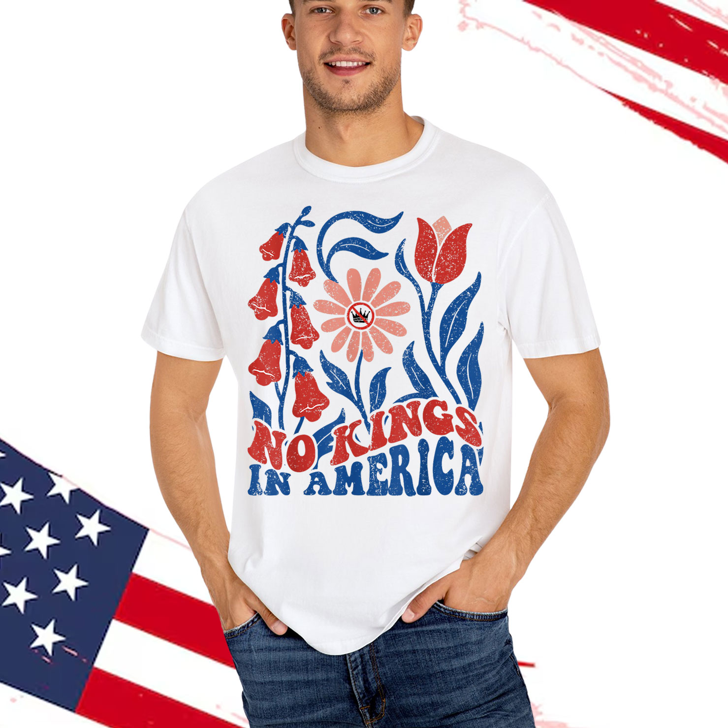 Retro Floral 70s tee Women No King In American Shirt